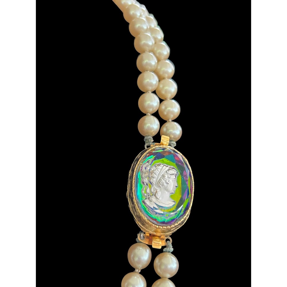 Vintage Double Strand Pearl Necklace Iridescent Glass Intaglio Cameo Clasp Pin